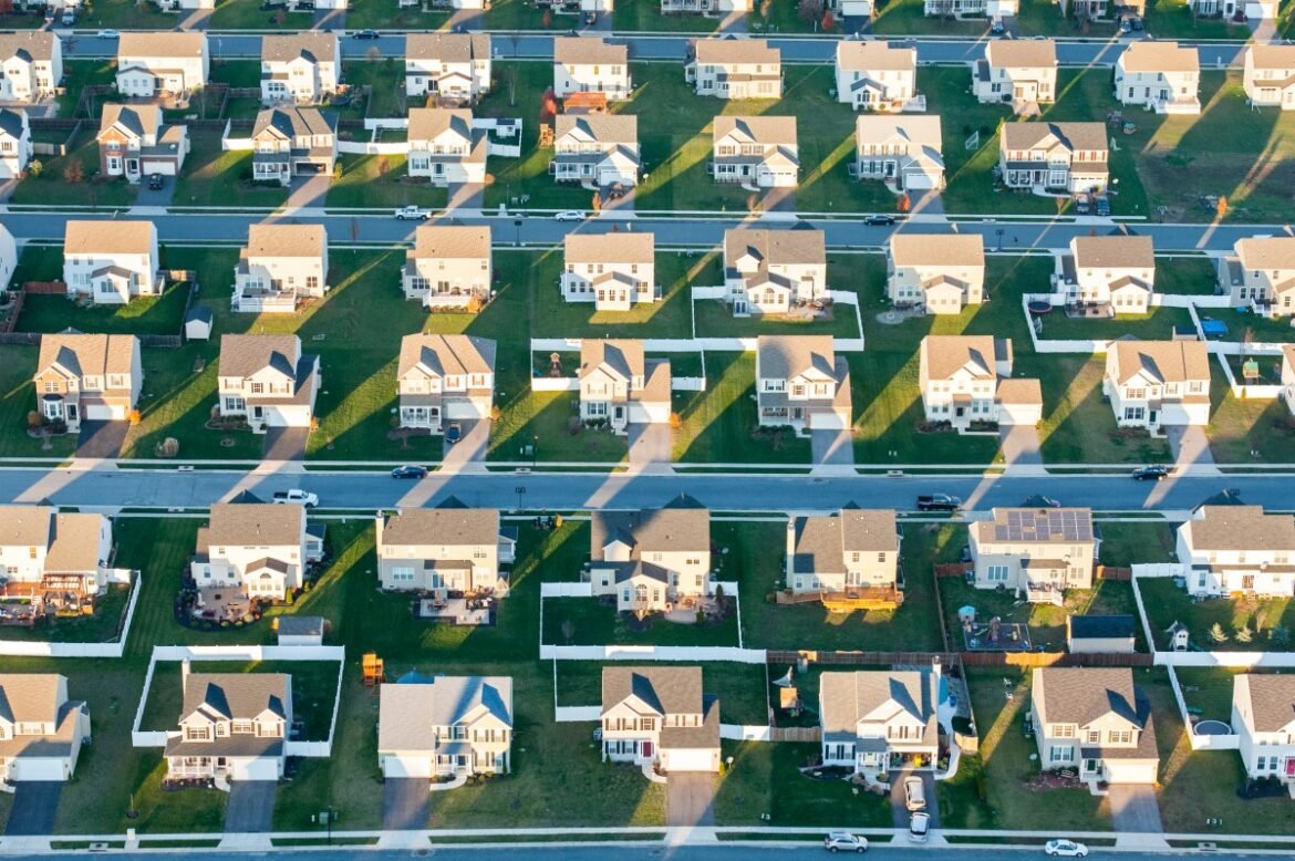 Aerial view of rows of suburban tract houses