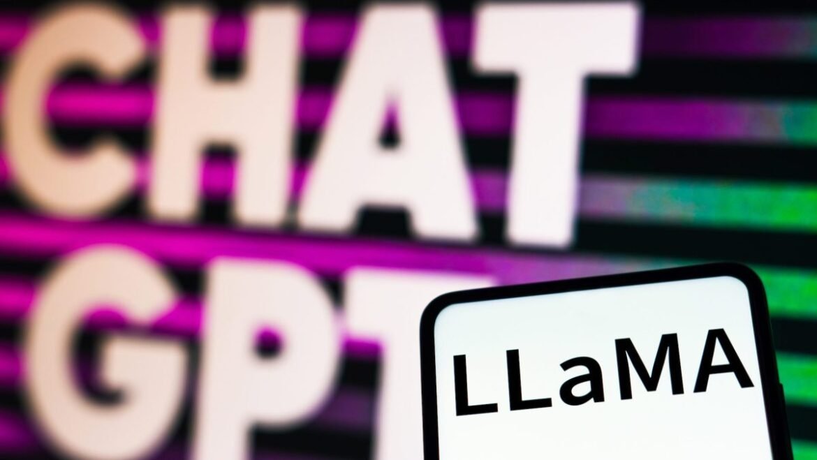 The LLaMA (Large Language Model Meta AI) logo seen displayed on a smartphone and the ChatGPT (OpenAI) logo in the background.